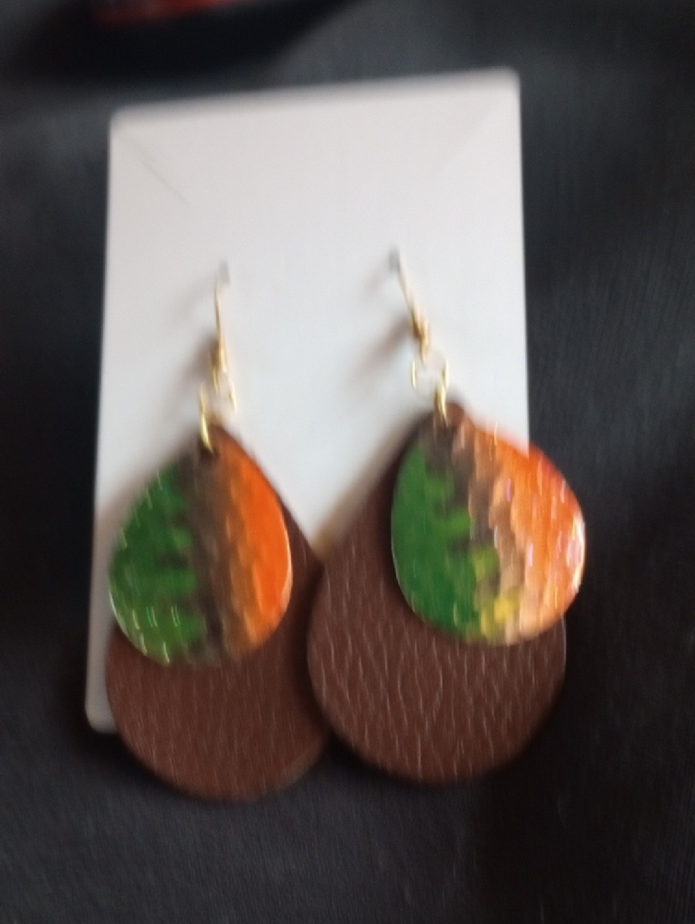 Hand Crafted Brown Leather Teardrop Earrings with Green and Orange Accents